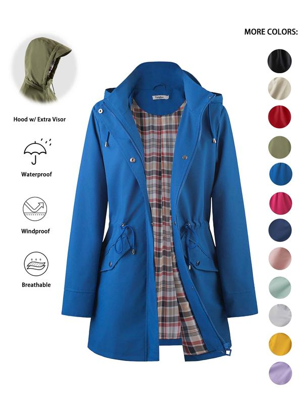 Women's Solid Color Drawstring Zip Up Hooded Trench Coat Raincoat