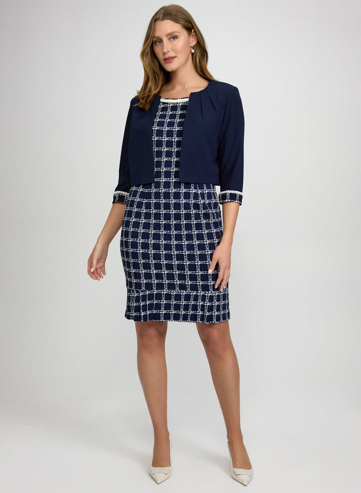 Pearl Trim Jacket & Plaid Dress Set