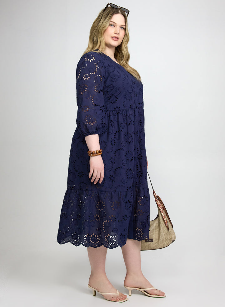 Embroidered Button-Down Midi Dress