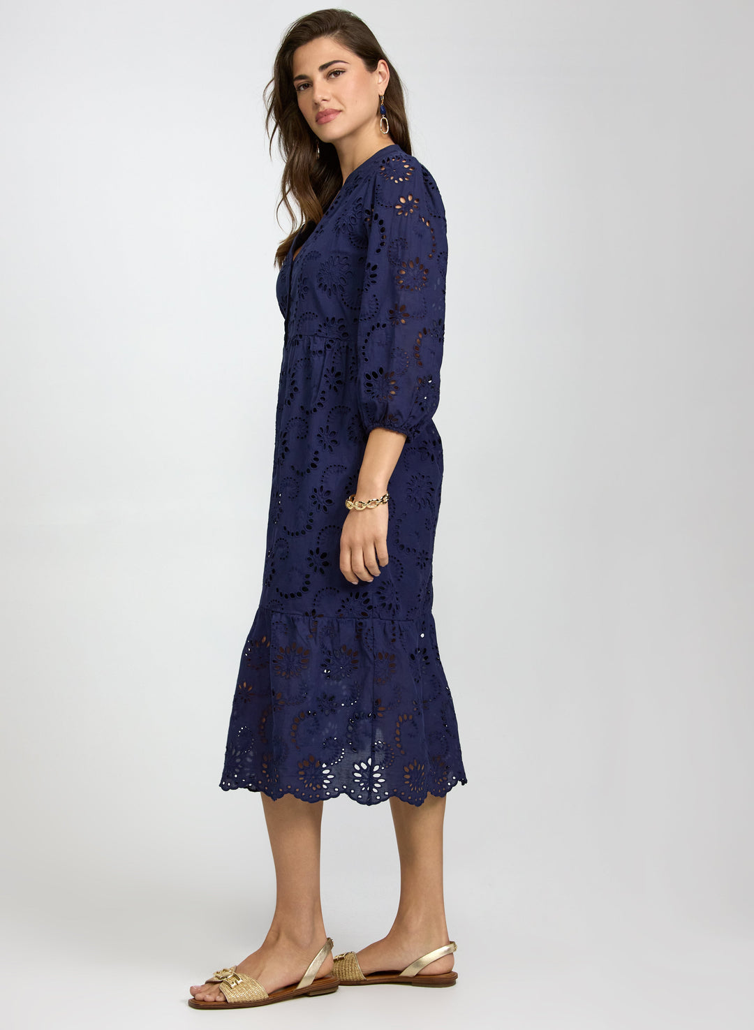 Embroidered Button-Down Midi Dress