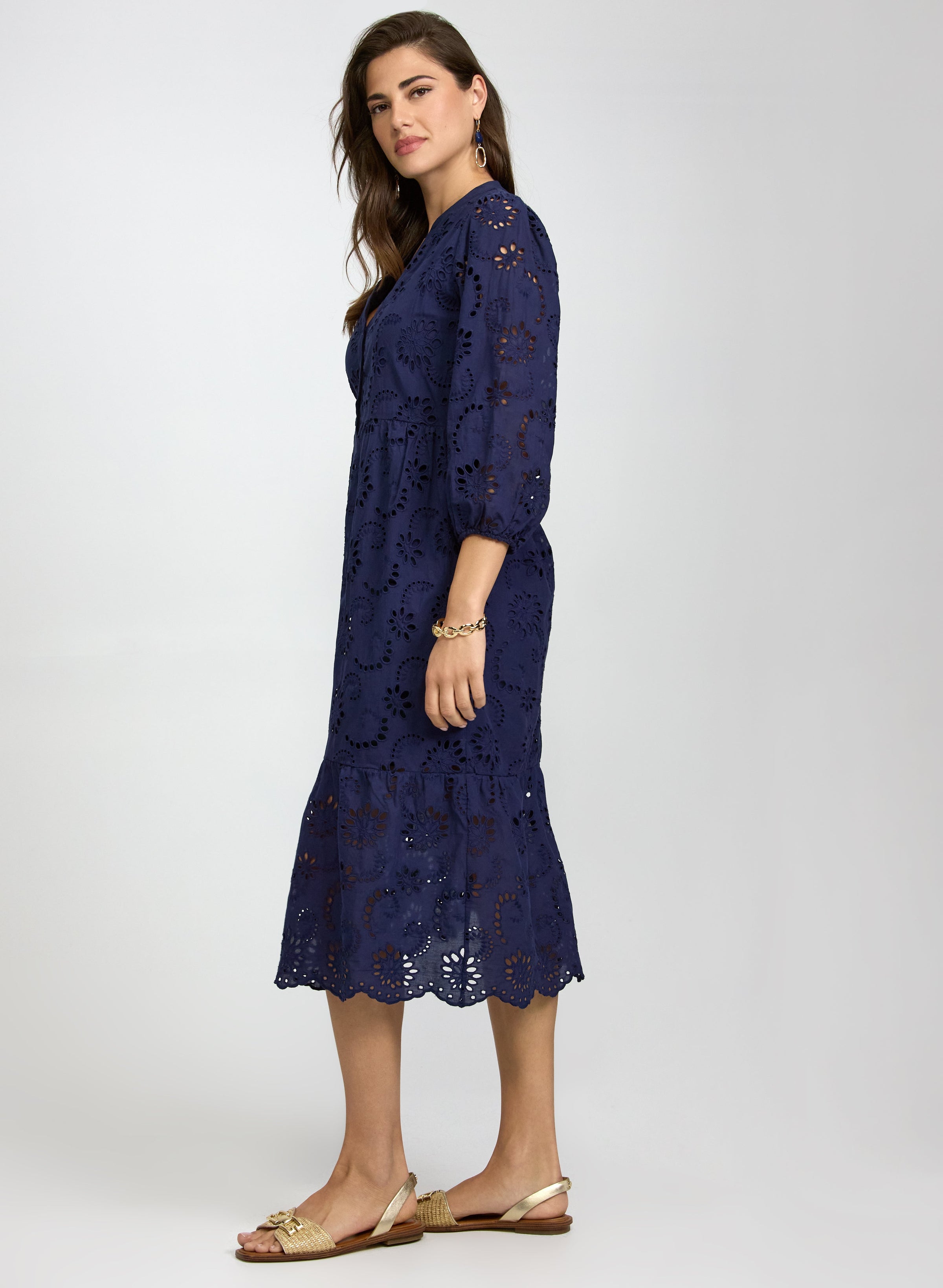 Embroidered Button-Down Midi Dress