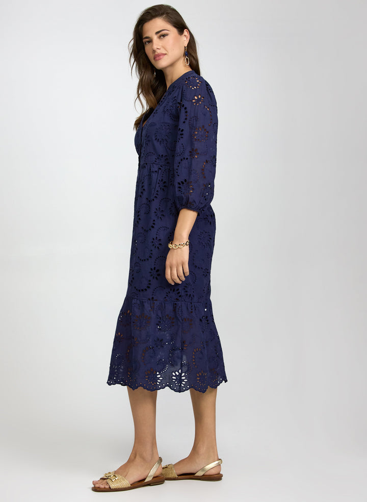Embroidered Button-Down Midi Dress