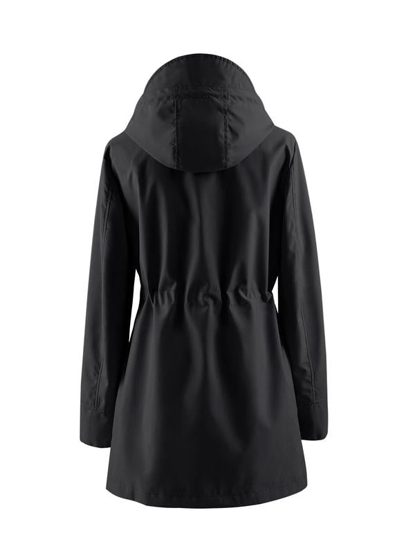 Women's Solid Color Drawstring Zip Up Hooded Trench Coat Raincoat