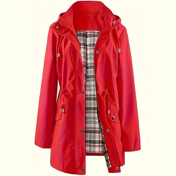 Women's Solid Color Drawstring Zip Up Hooded Trench Coat Raincoat