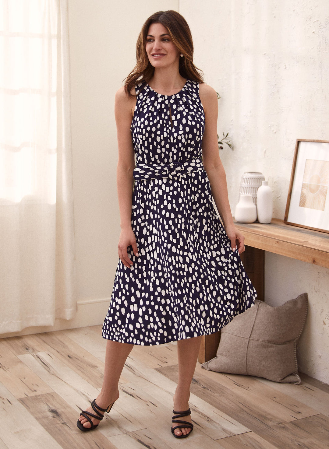 Dot Print Keyhole Belted Dress