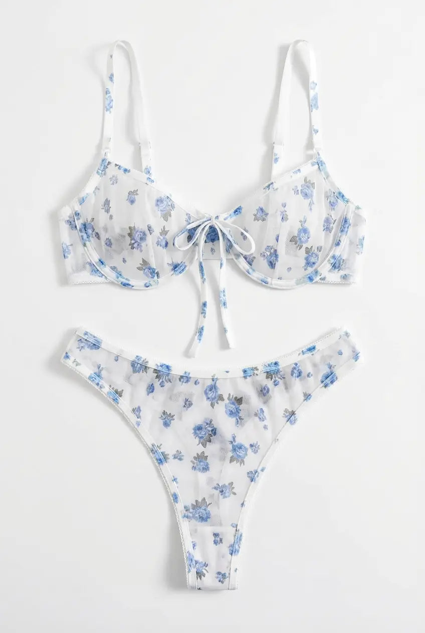 Blue Blossom Mesh Lingerie Set