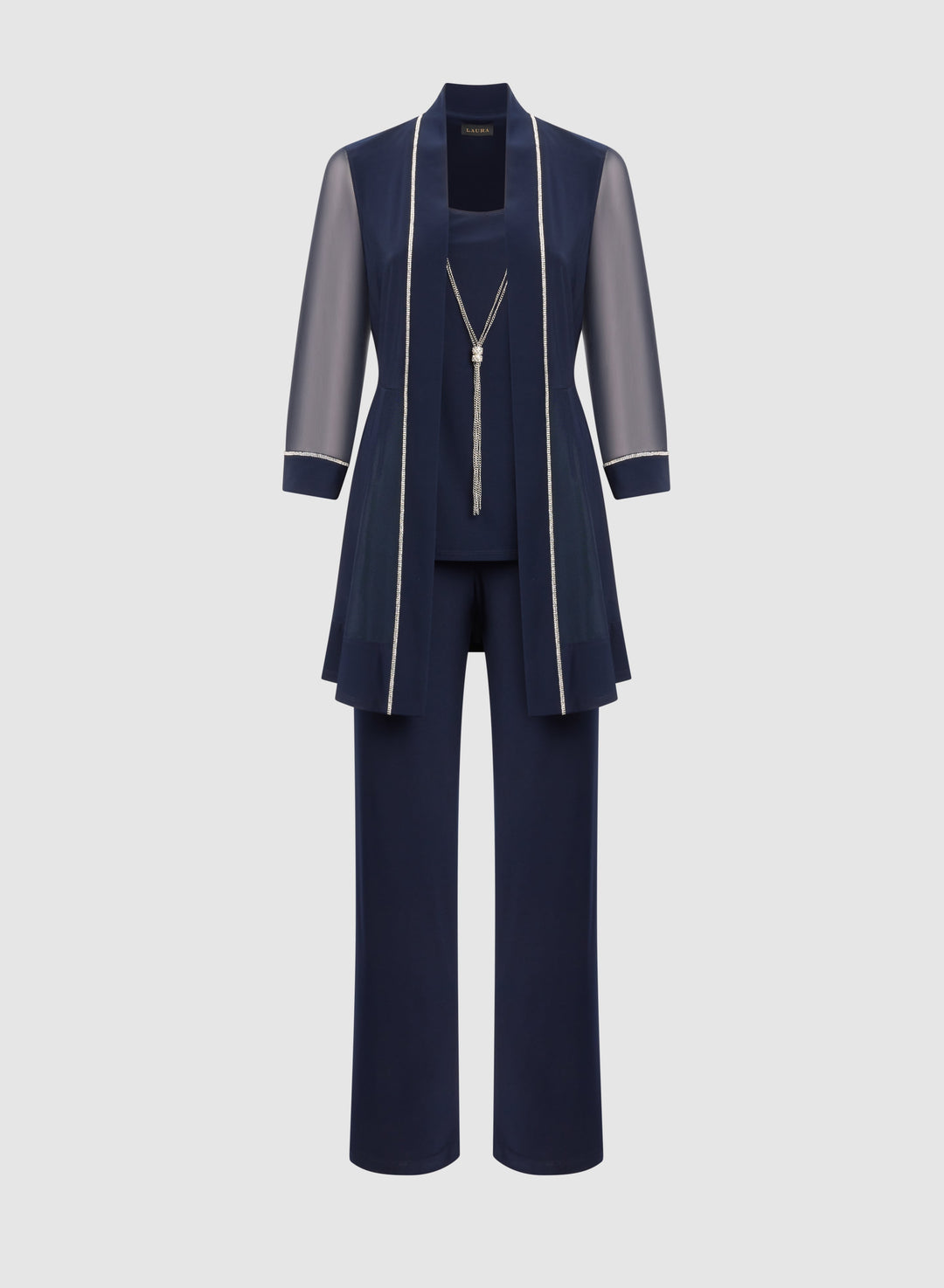 Rhinestone Trim Jacket, Top & Pants Set