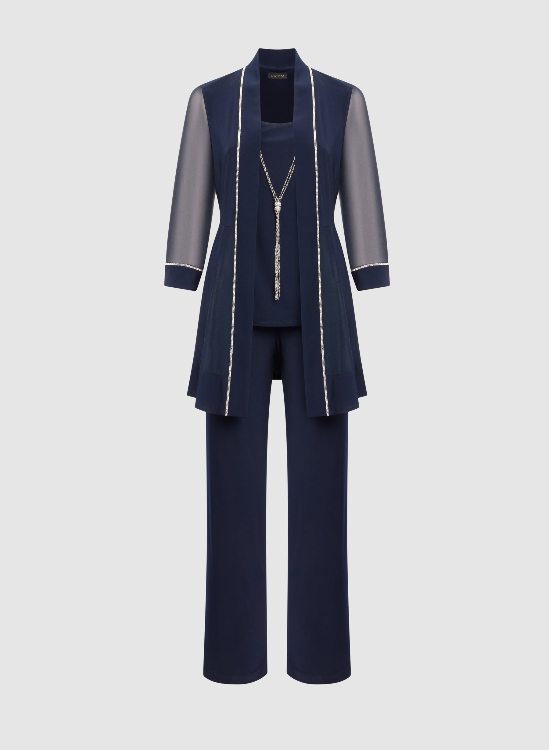 Rhinestone Trim Jacket, Top & Pants Set