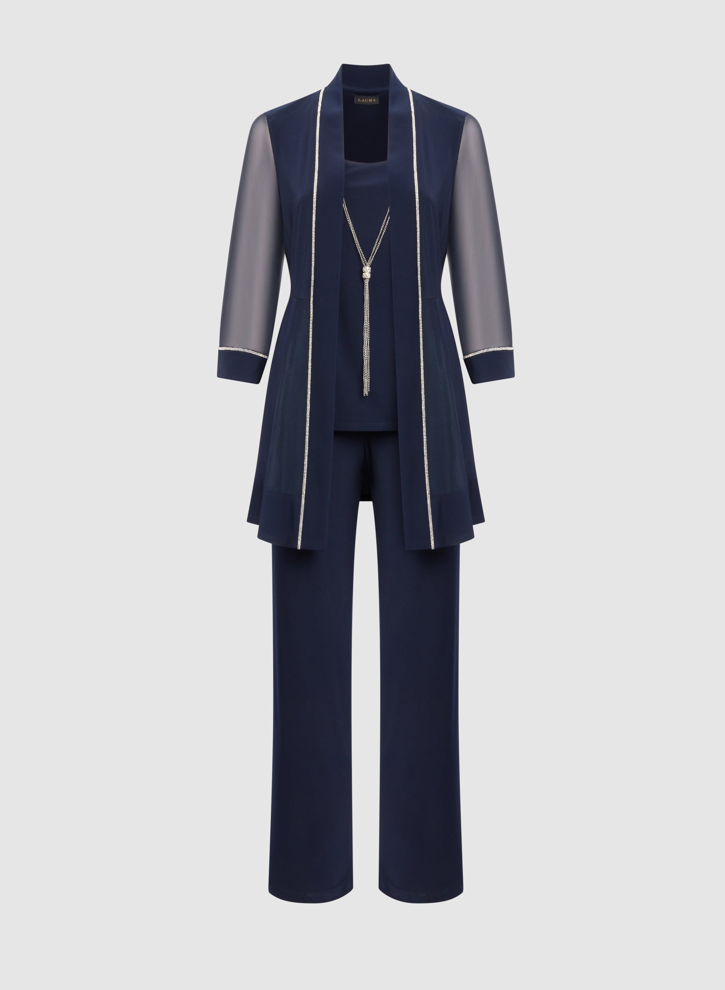 Rhinestone Trim Jacket, Top & Pants Set