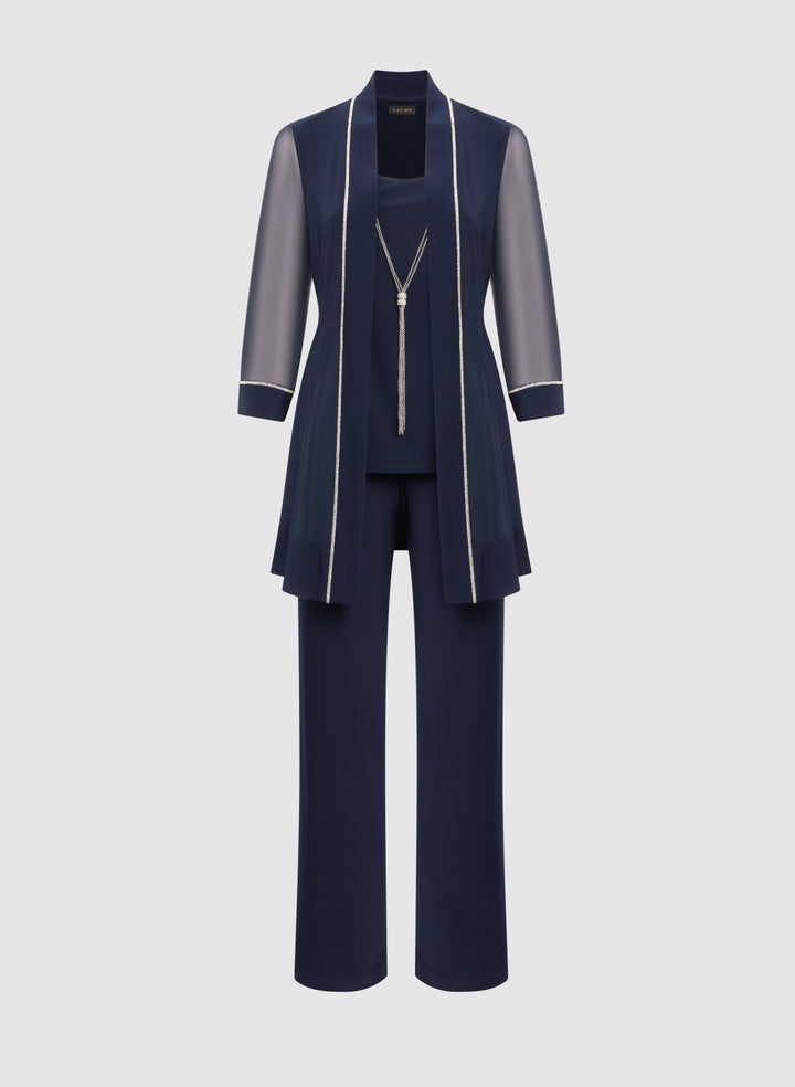 Rhinestone Trim Jacket, Top & Pants Set