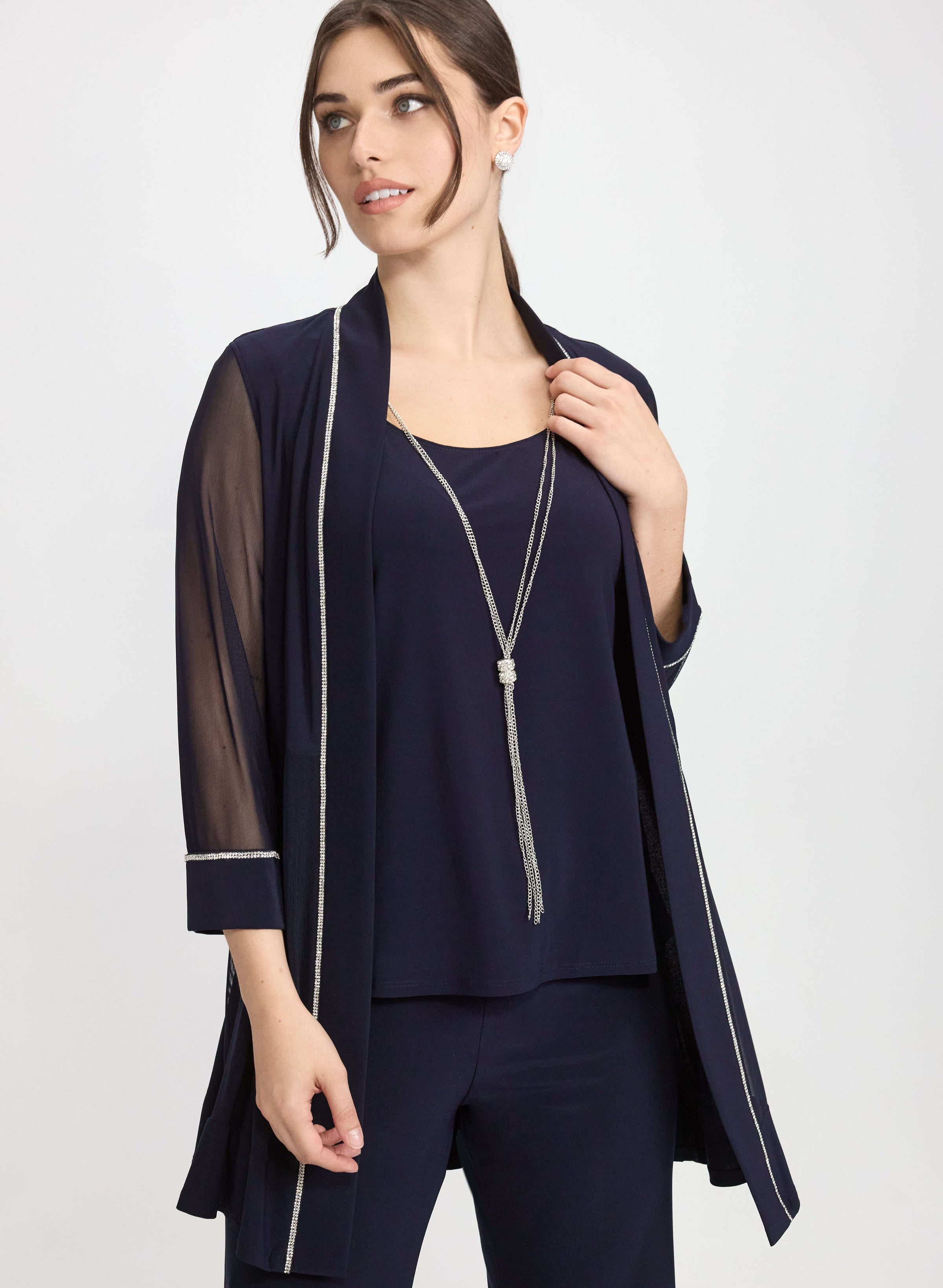 Rhinestone Trim Jacket, Top & Pants Set