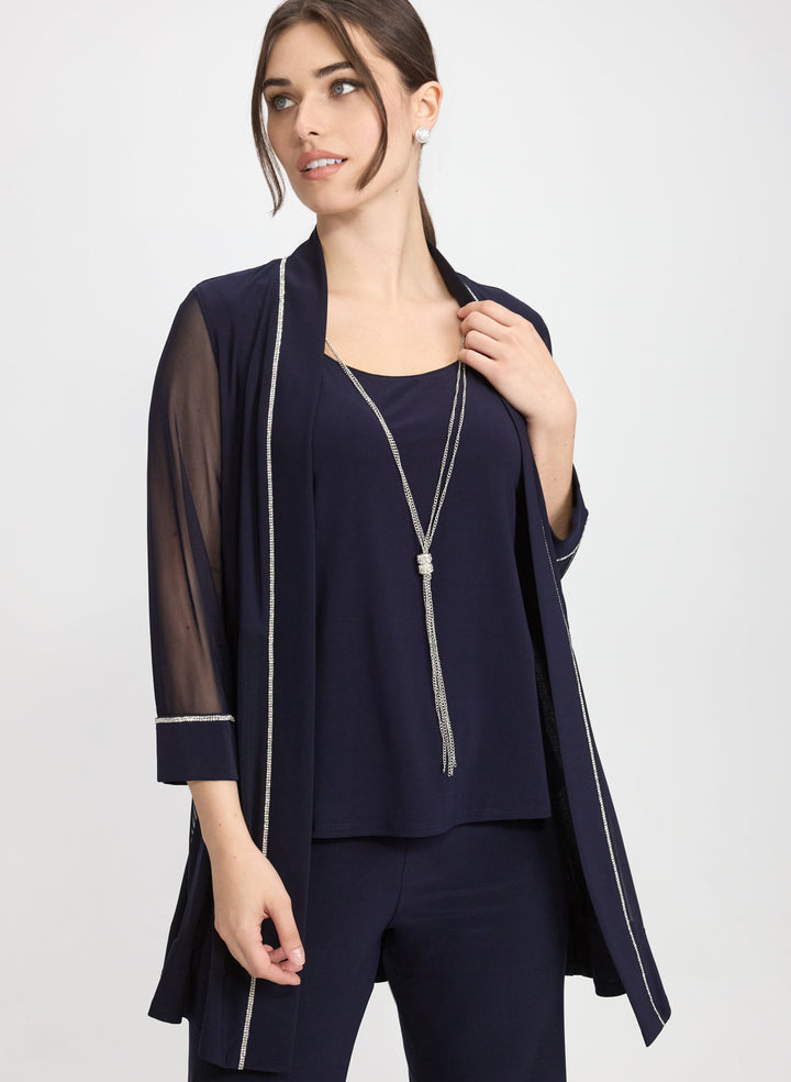 Rhinestone Trim Jacket, Top & Pants Set