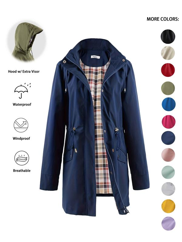 Women's Solid Color Drawstring Zip Up Hooded Trench Coat Raincoat