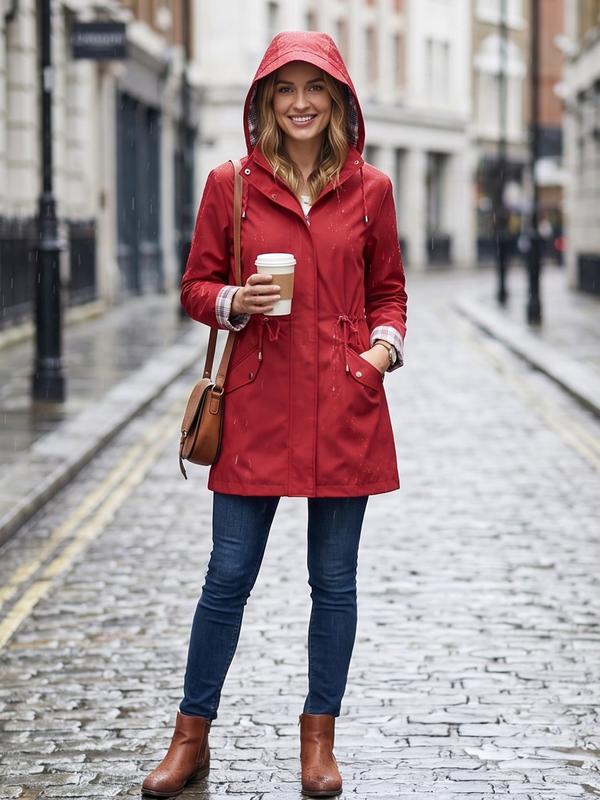 Women's Solid Color Drawstring Zip Up Hooded Trench Coat Raincoat