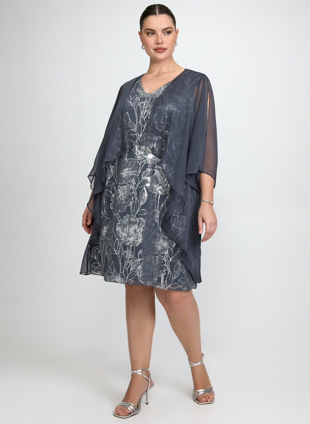 Sheer Cape & Metallic Floral Dress Set