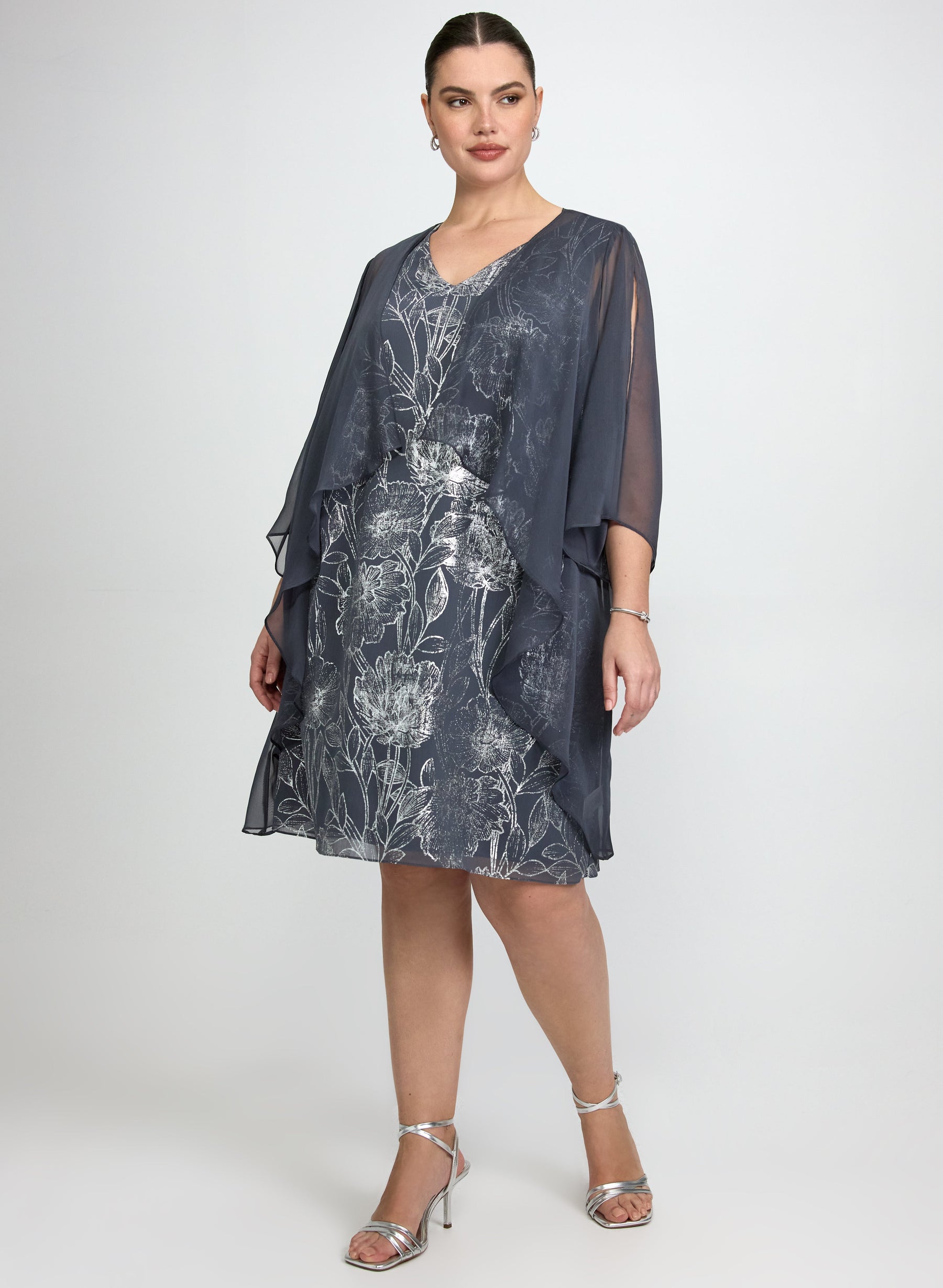 Sheer Cape & Metallic Floral Dress Set