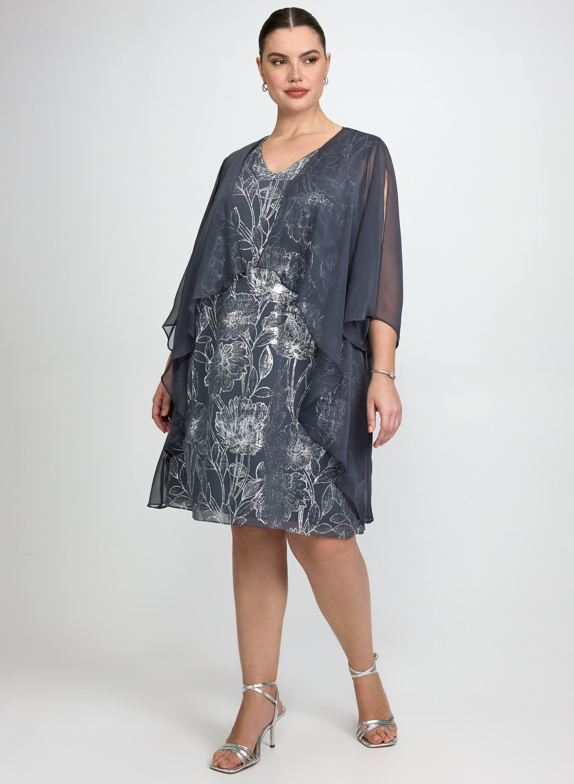 Sheer Cape & Metallic Floral Dress Set