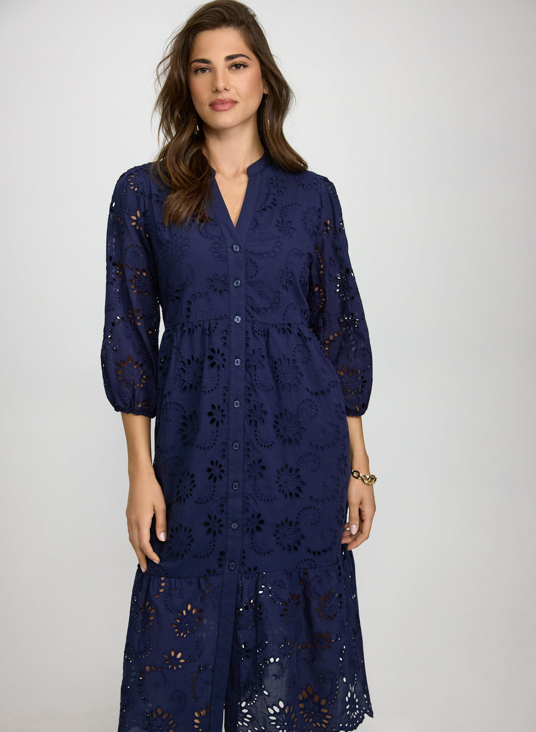 Embroidered Button-Down Midi Dress