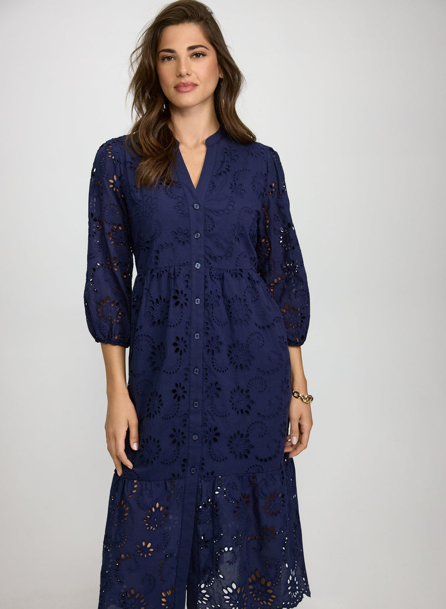 Embroidered Button-Down Midi Dress