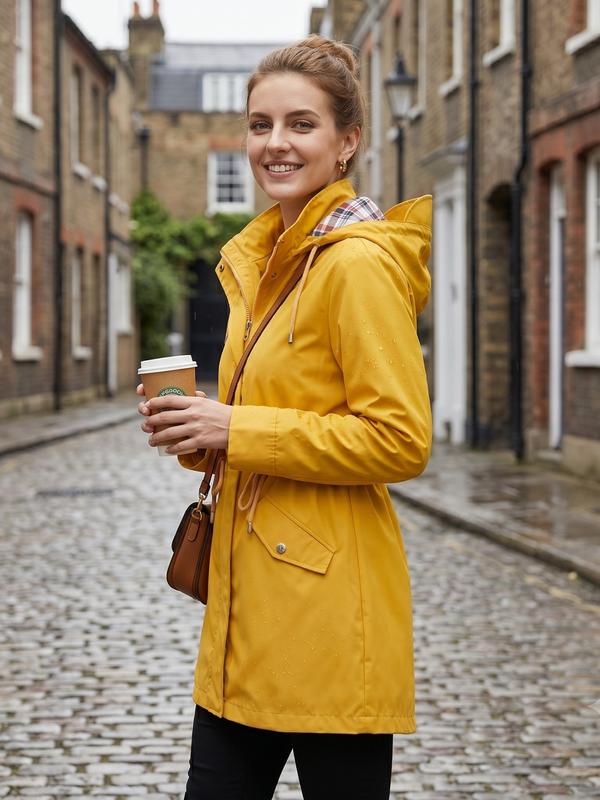 Women's Solid Color Drawstring Zip Up Hooded Trench Coat Raincoat