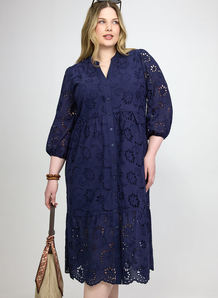 Embroidered Button-Down Midi Dress
