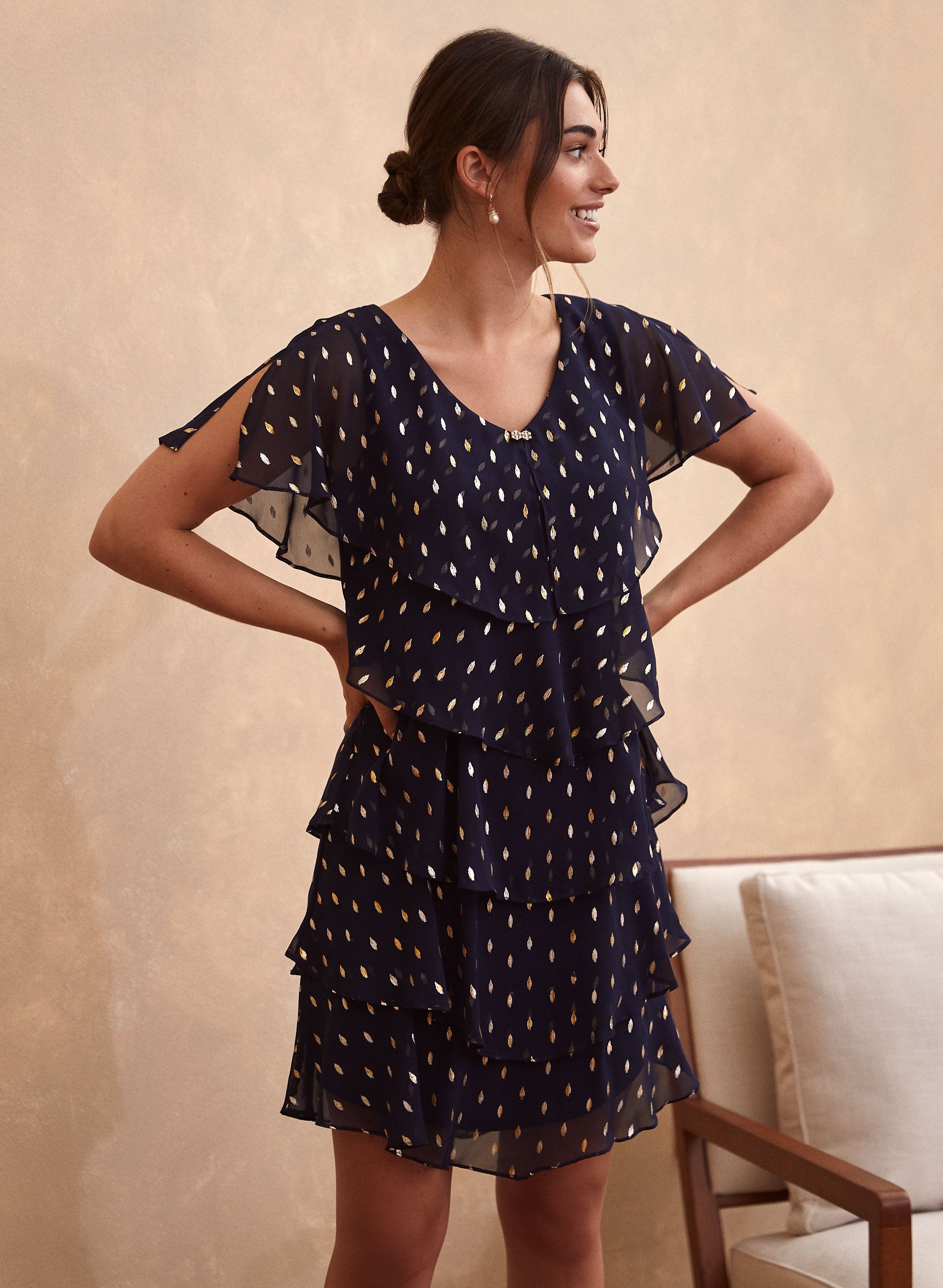 Metallic Dot Tiered Ruffle Dress