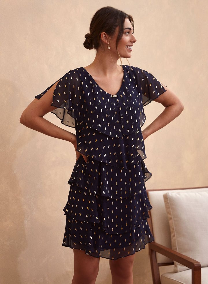Metallic Dot Tiered Ruffle Dress