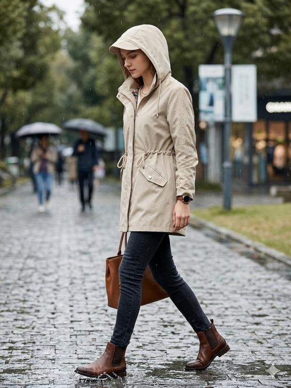 Women's Solid Color Drawstring Zip Up Hooded Trench Coat Raincoat