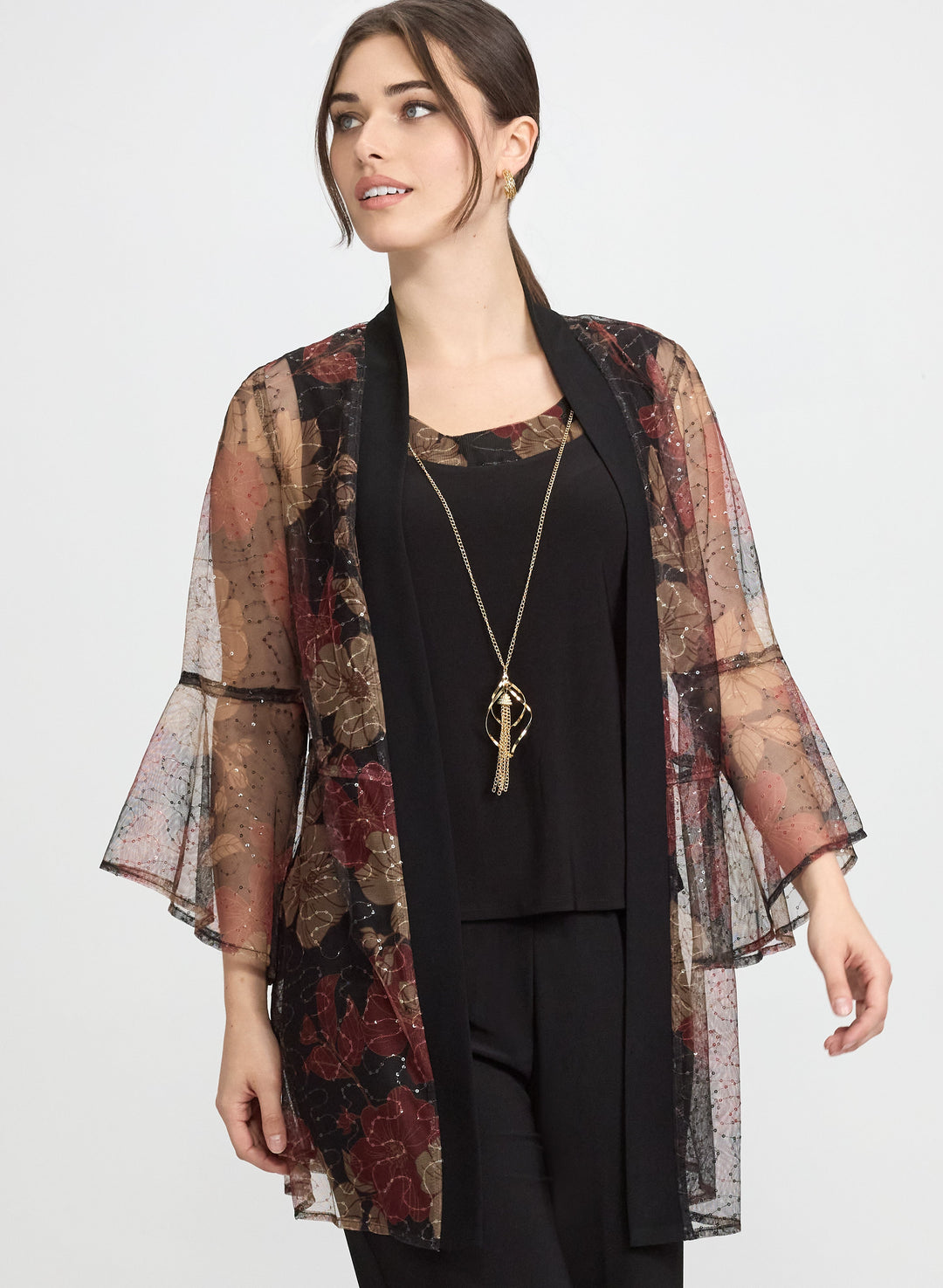 Mesh Floral Jacket, Top & Pants Set