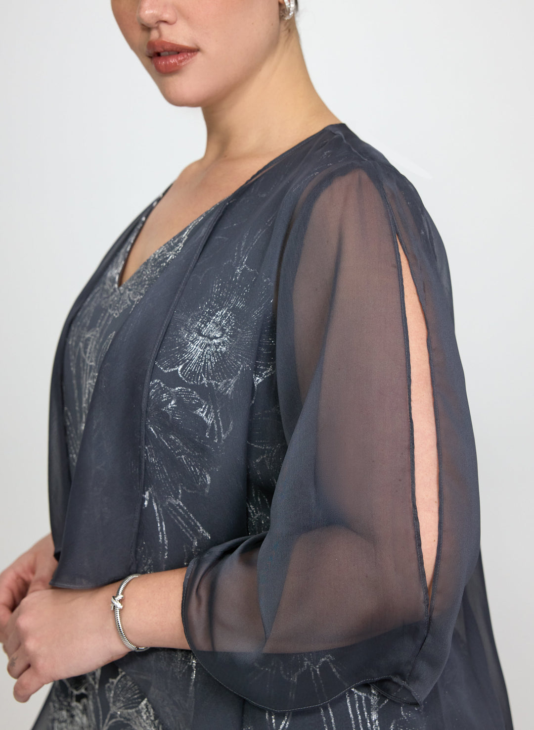 Sheer Cape & Metallic Floral Dress Set