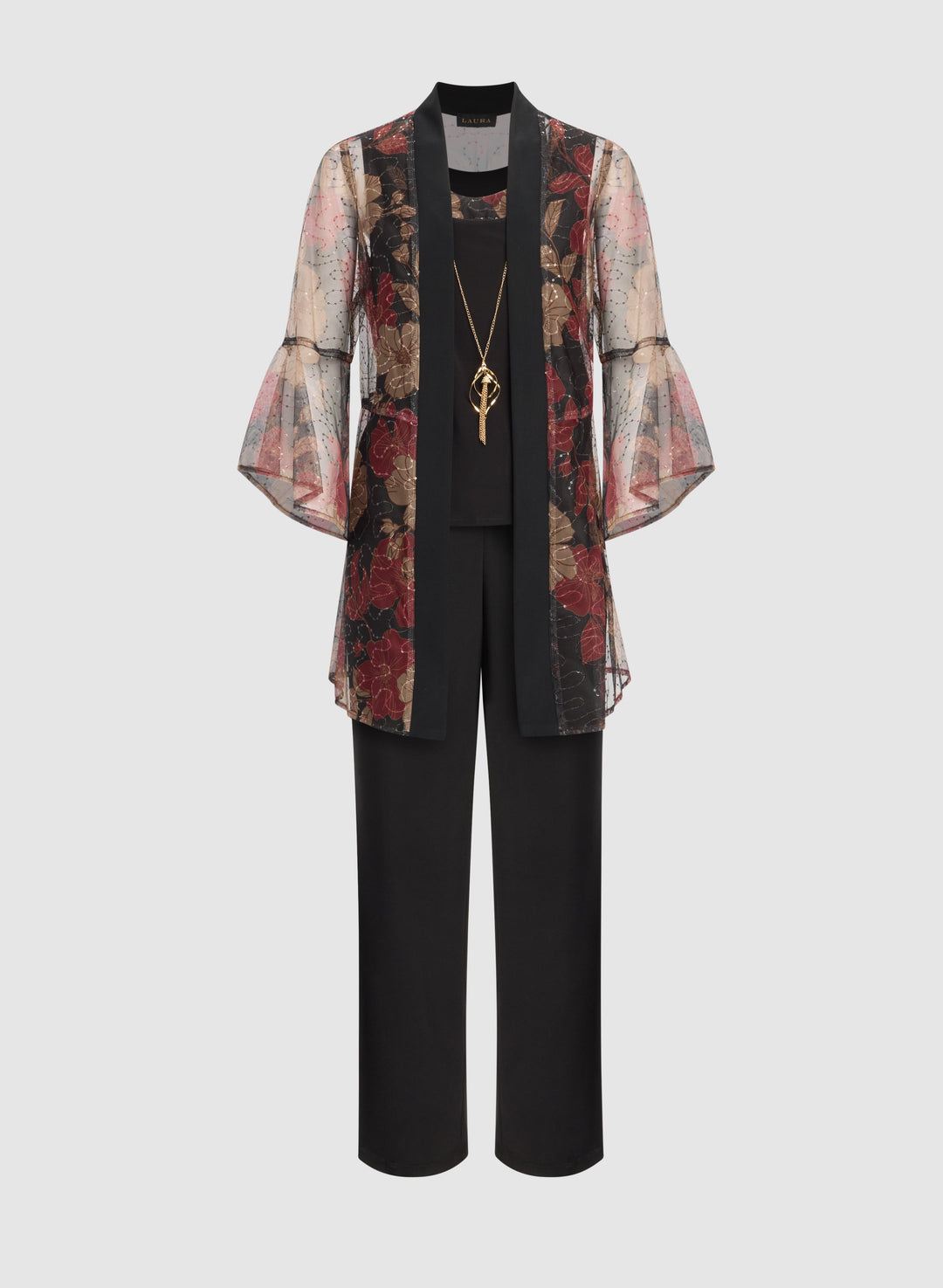 Mesh Floral Jacket, Top & Pants Set