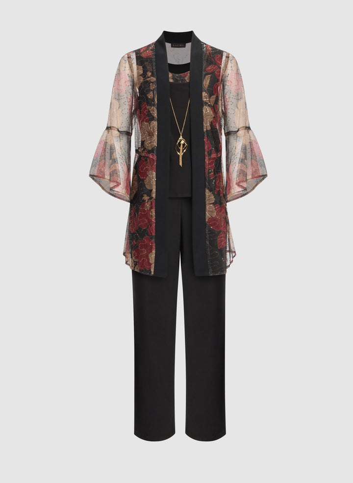 Mesh Floral Jacket, Top & Pants Set