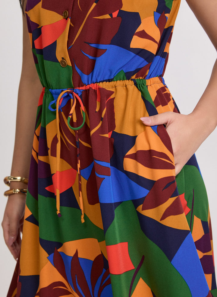 Tropical Drawstring Waist Dress