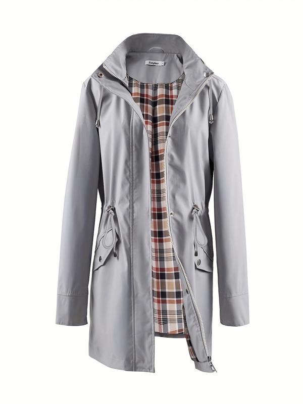 Women's Solid Color Drawstring Zip Up Hooded Trench Coat Raincoat