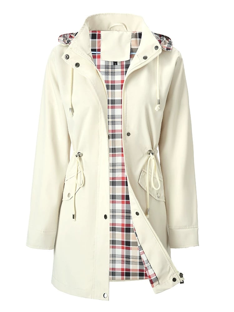 Women's Solid Color Drawstring Zip Up Hooded Trench Coat Raincoat