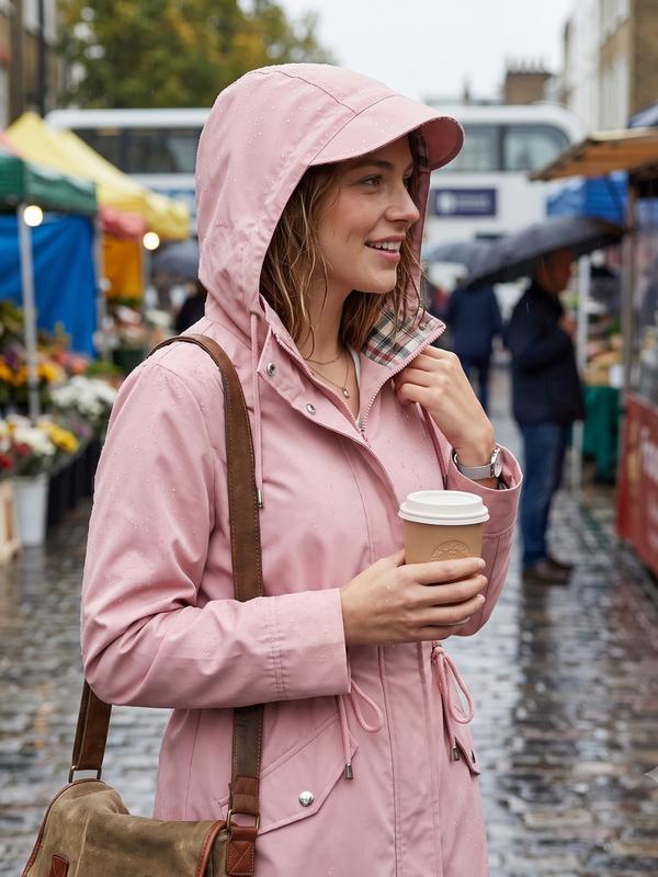 Women's Solid Color Drawstring Zip Up Hooded Trench Coat Raincoat