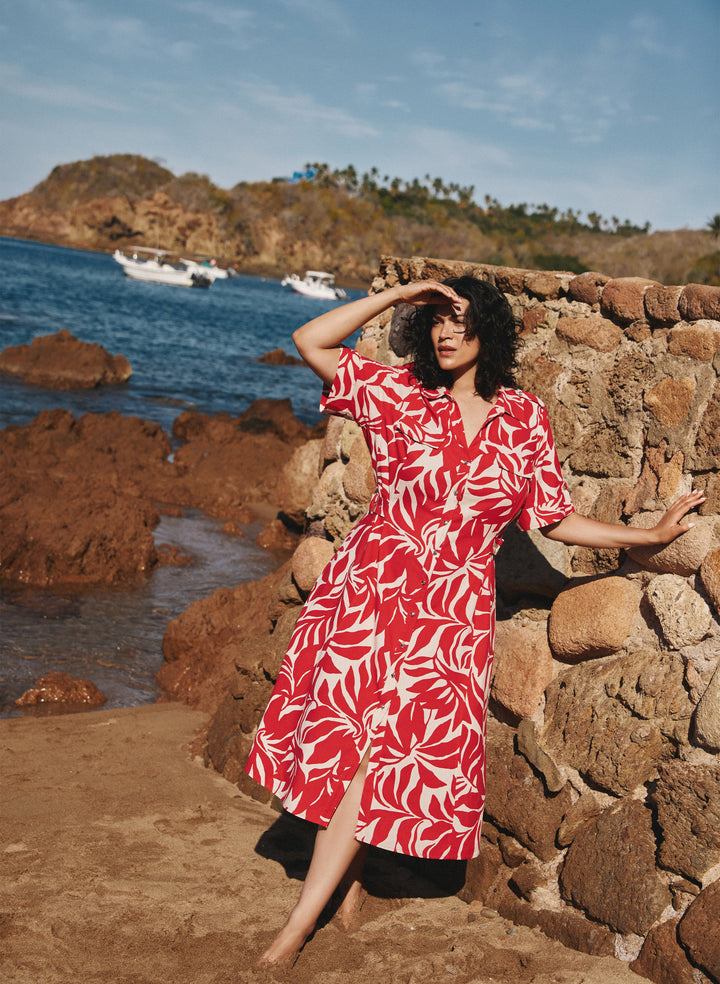 Leaf Print Linen-Blend Dress