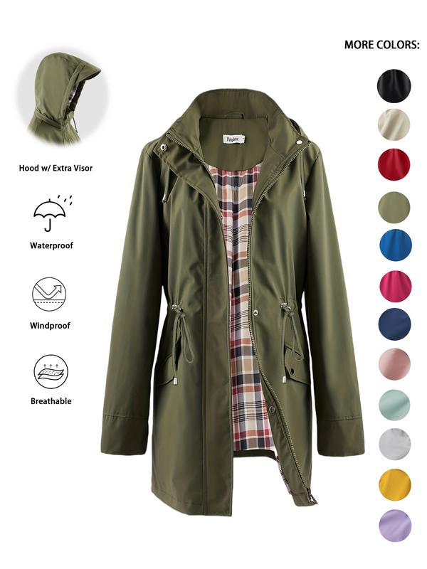 Women's Solid Color Drawstring Zip Up Hooded Trench Coat Raincoat