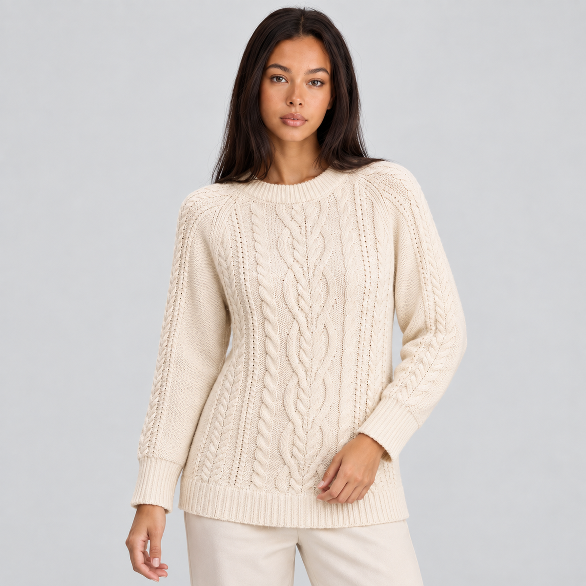 Cable Knit Sweater with Ribbed Trim and Long Sleeve