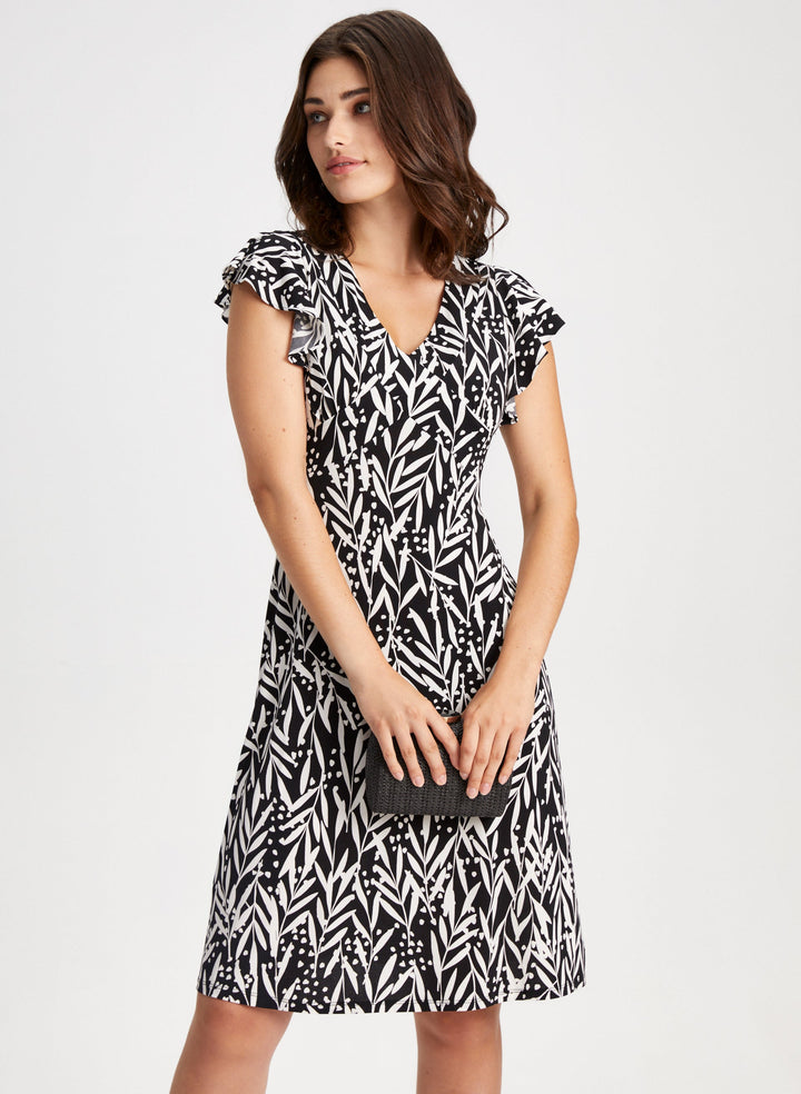 Leaf Print Ruffle Sleeve Dress