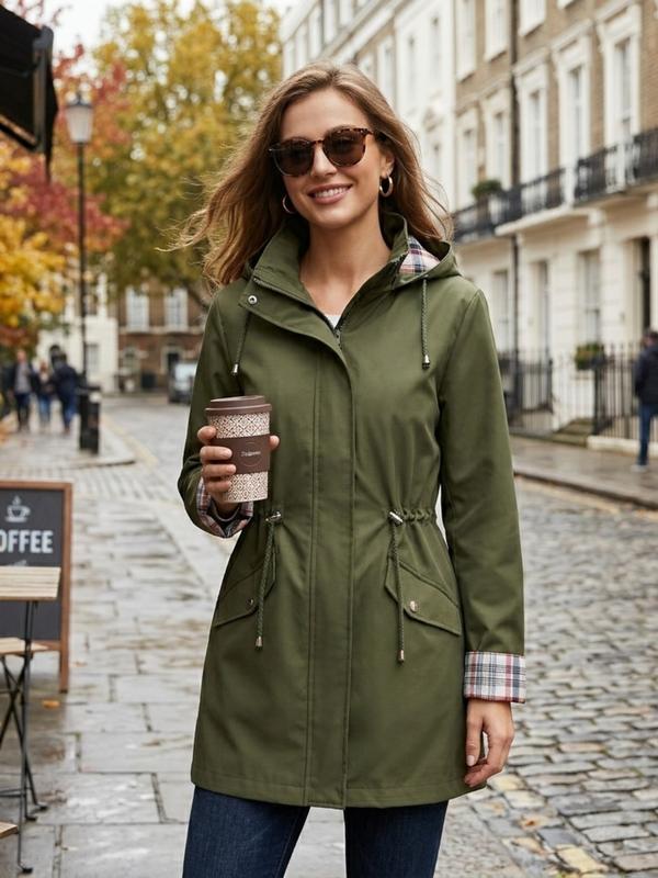 Women's Solid Color Drawstring Zip Up Hooded Trench Coat Raincoat