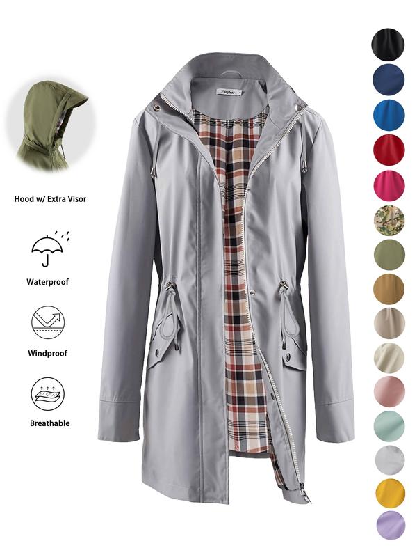 Women's Solid Color Drawstring Zip Up Hooded Trench Coat Raincoat