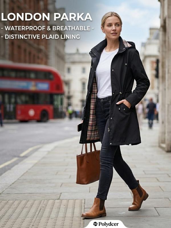 Women's Solid Color Drawstring Zip Up Hooded Trench Coat Raincoat
