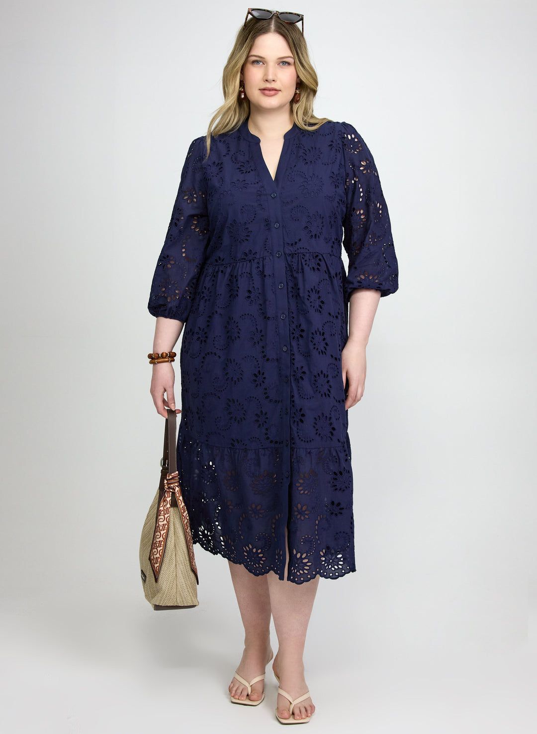Embroidered Button-Down Midi Dress