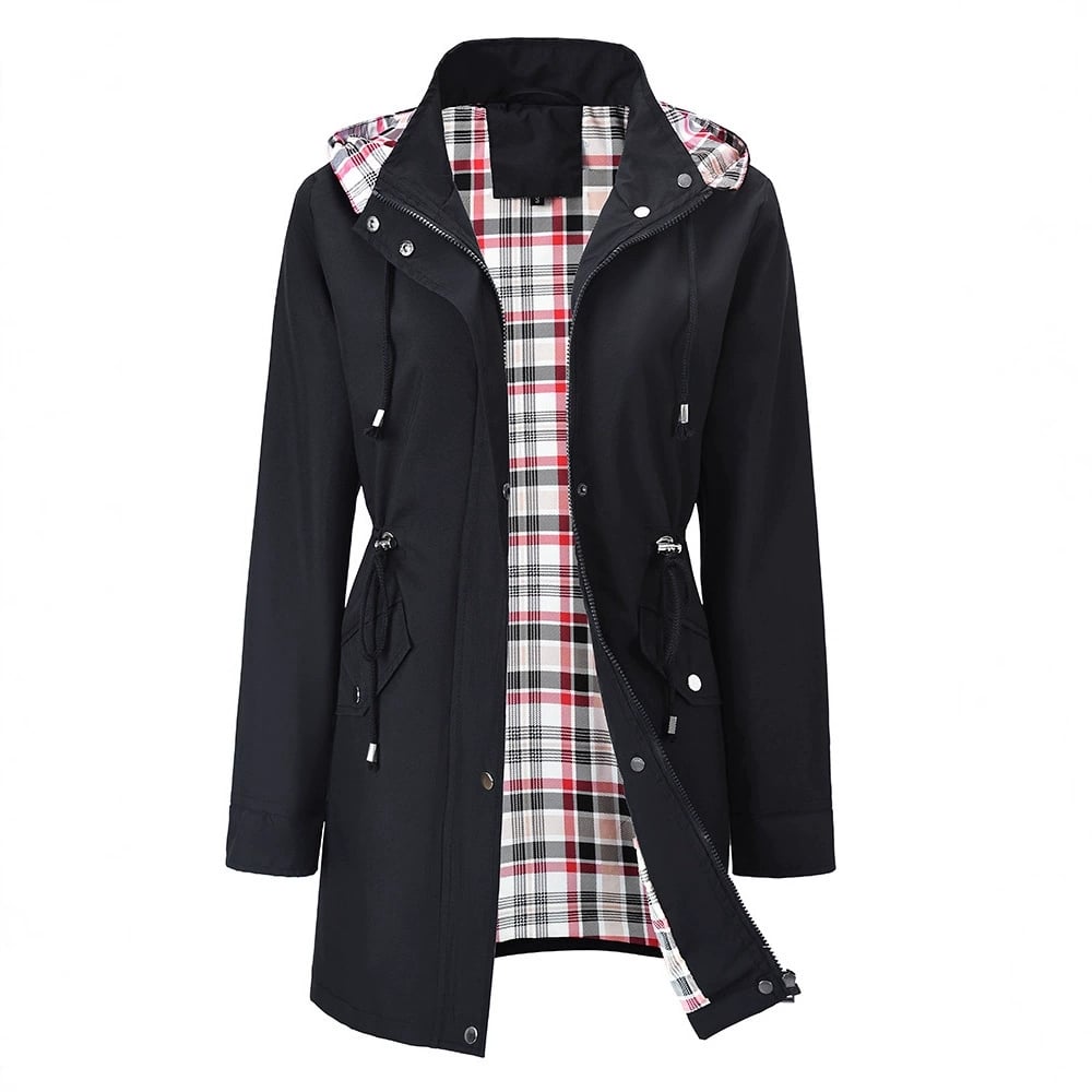 Women's Solid Color Drawstring Zip Up Hooded Trench Coat Raincoat