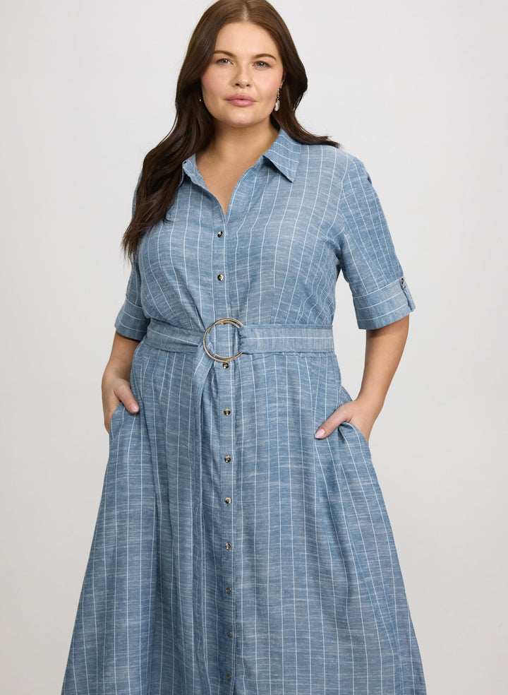 Striped Linen-Blend Shirt Dress