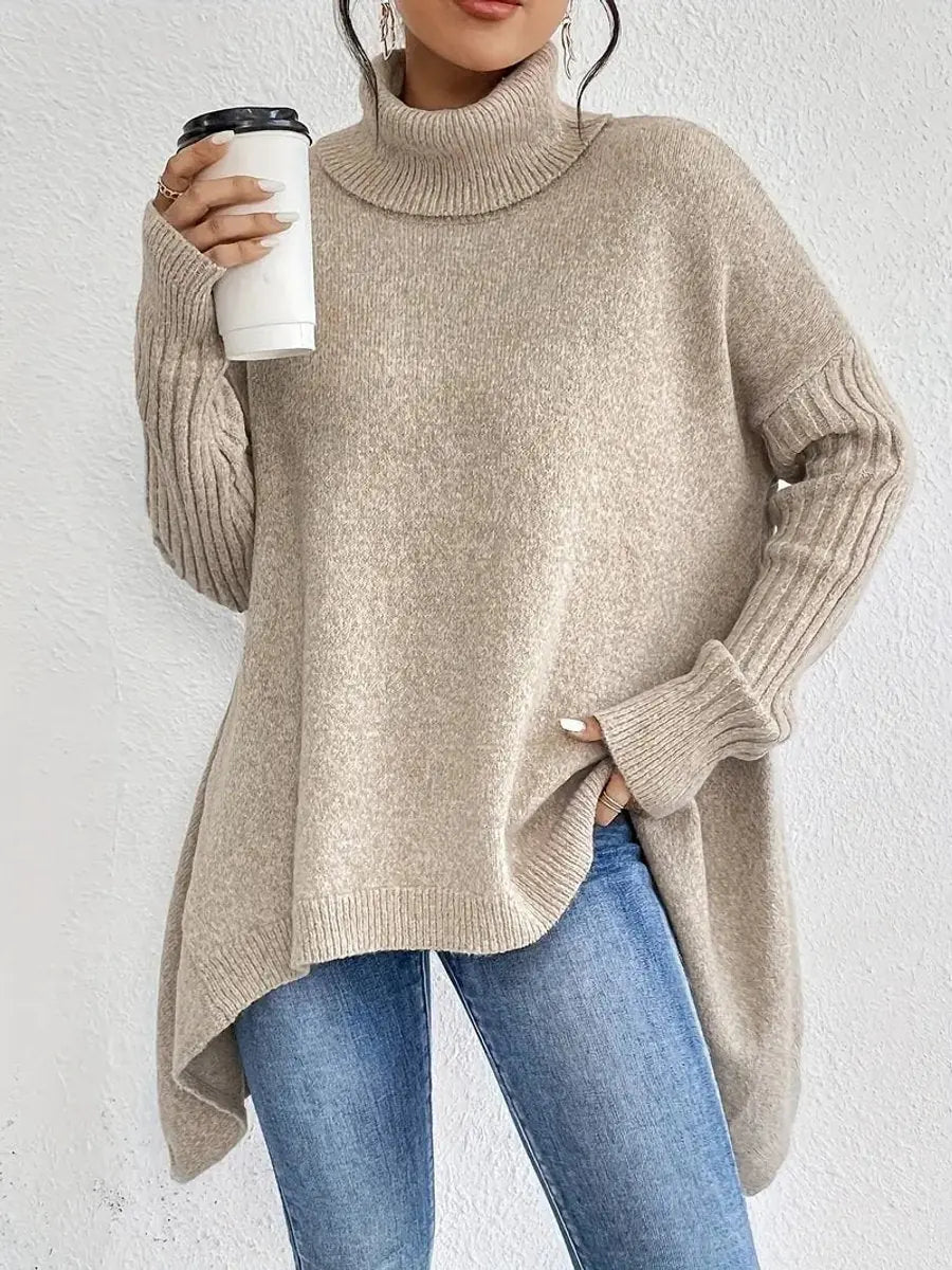 Bettina Turtleneck Sweater Oversized Ribbed Sleeve High Low Hem