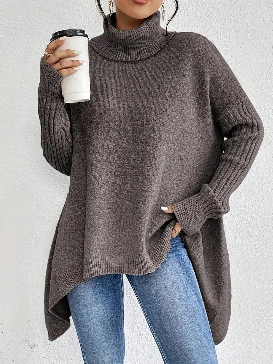 Bettina Turtleneck Sweater Oversized Ribbed Sleeve High Low Hem