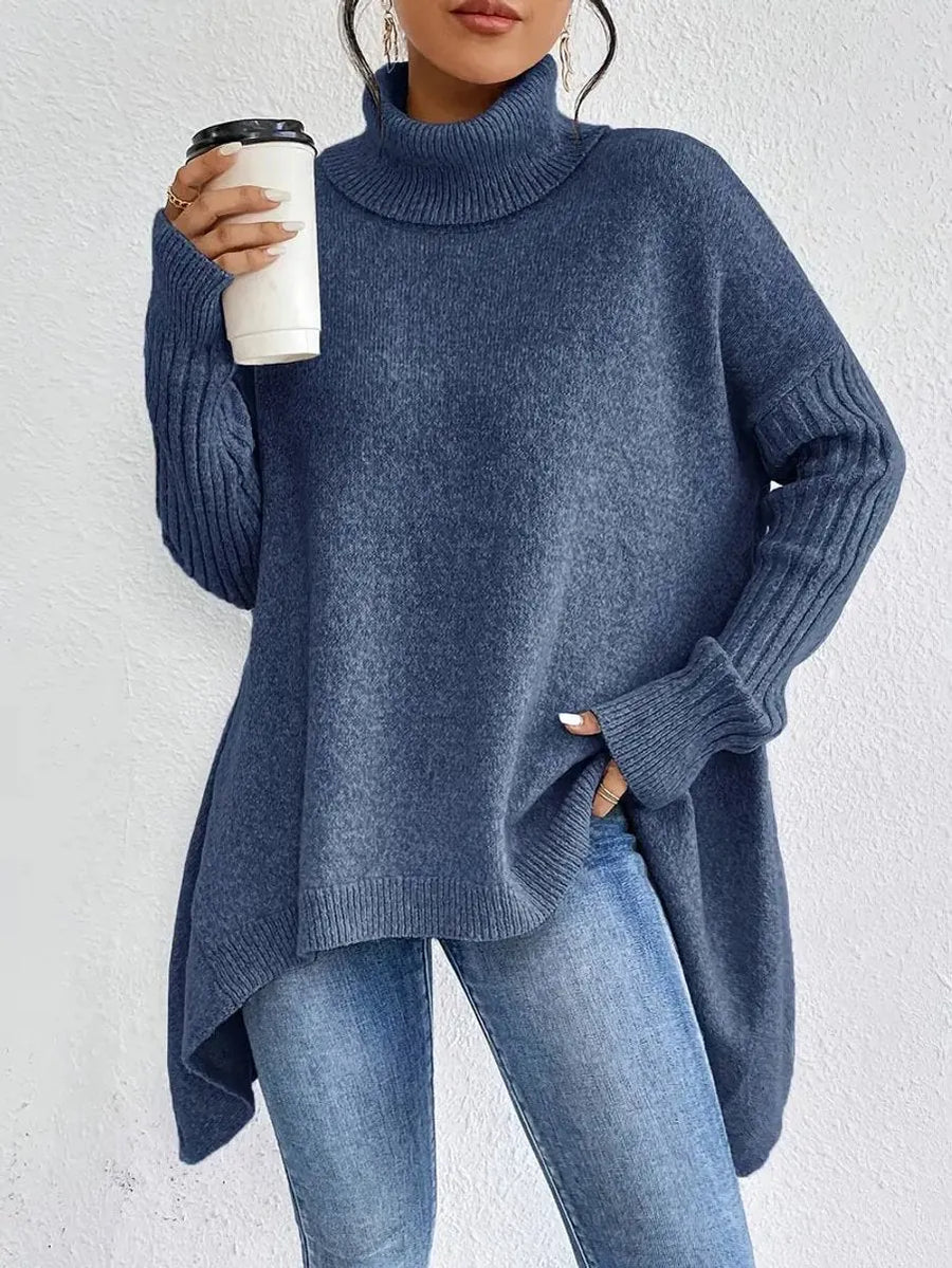 Bettina Turtleneck Sweater Oversized Ribbed Sleeve High Low Hem