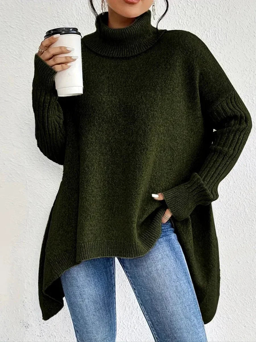 Bettina Turtleneck Sweater Oversized Ribbed Sleeve High Low Hem